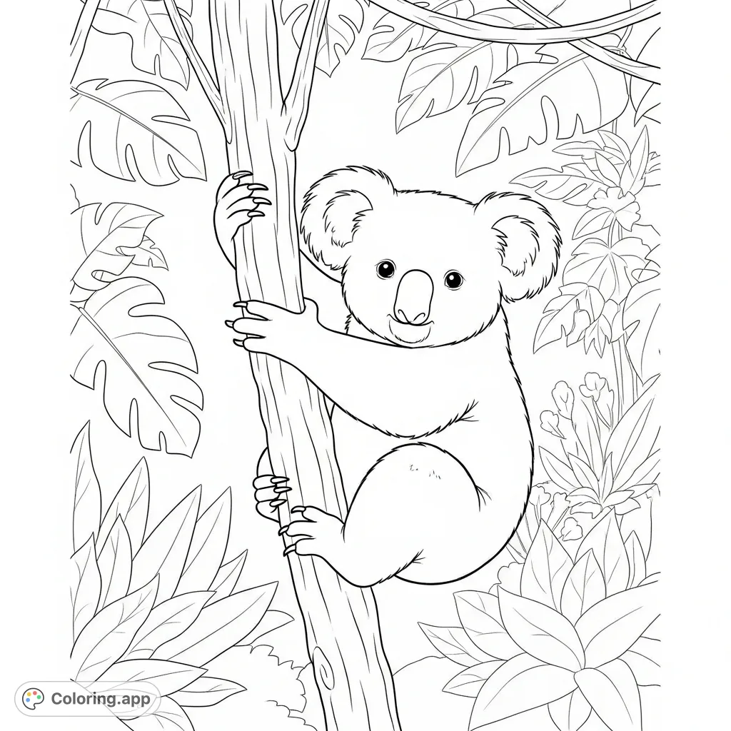 A charming koala hangs upside down from a sturdy jungle vine amidst lush foliage. Perfect for a relaxing coloring escape into the wild.