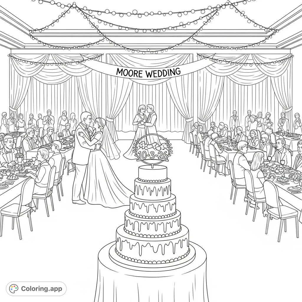 Celebrate love with this detailed Moore wedding reception coloring page. Features the happy couple dancing, a grand cake, and festive ballroom decor.