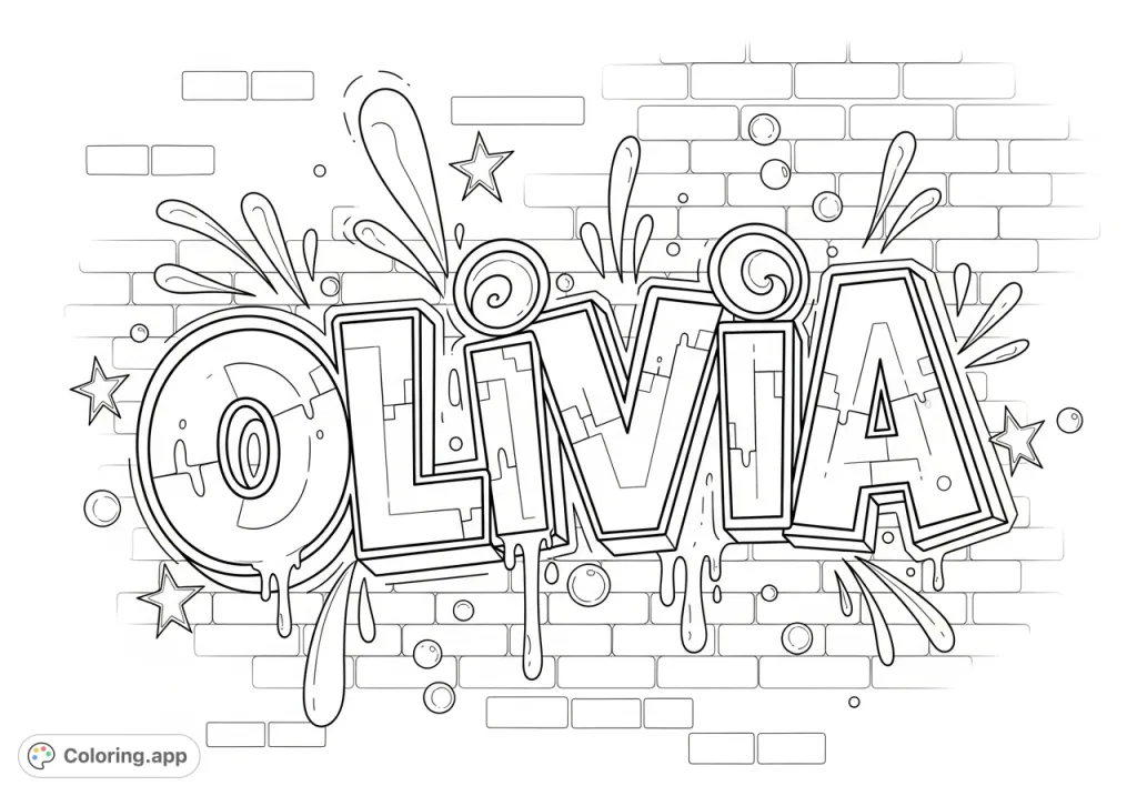 Explore urban artistry with this Olivia graffiti coloring page. Bold letters, dynamic drips, and a textured brick wall create an engaging, creative challenge. Perfect for personalizing!