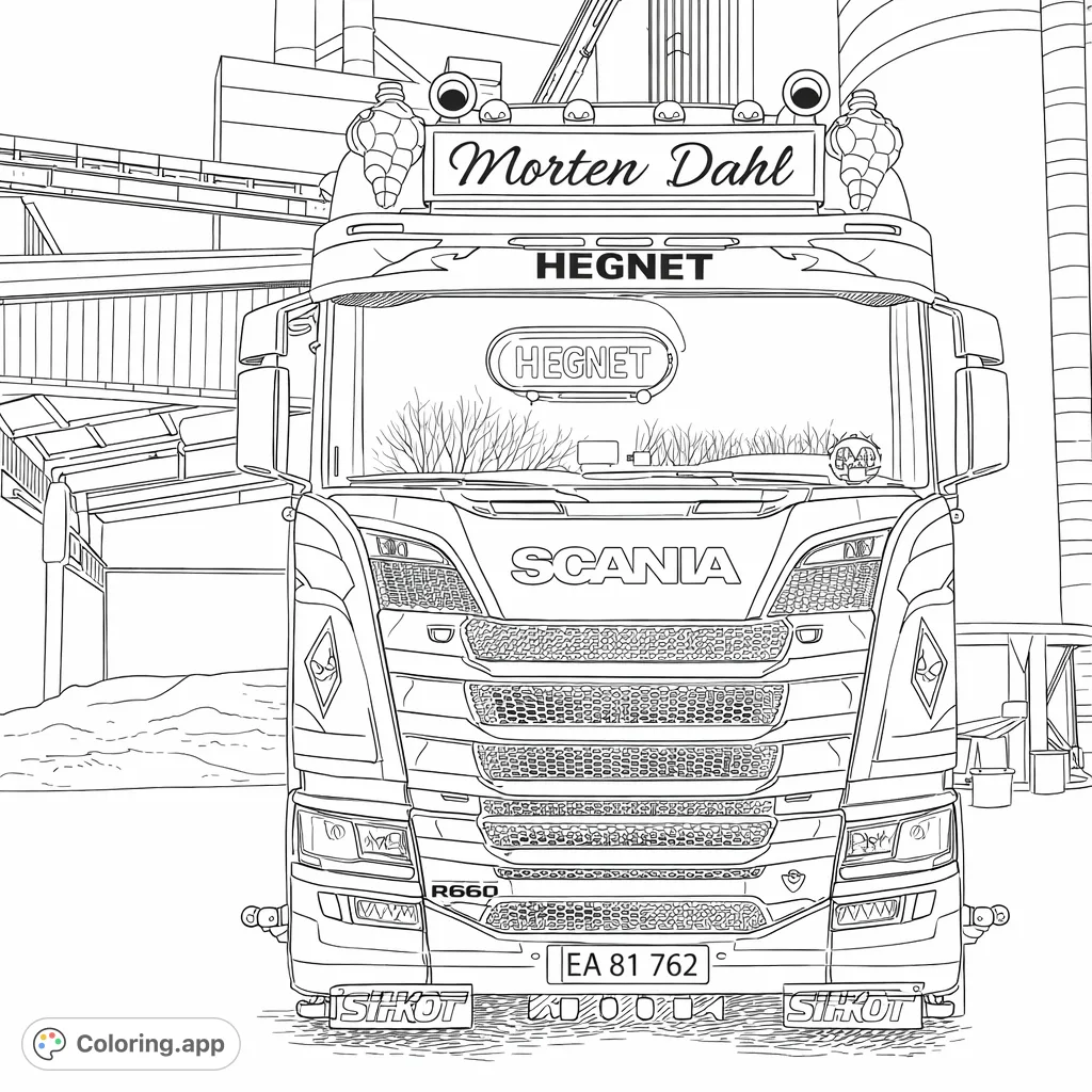 Dive into a detailed industrial transport truck coloring page, featuring a powerful vehicle with intricate grille designs and an industrial backdrop.
