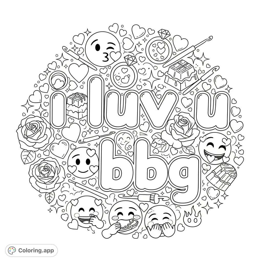 A heartfelt 'i luv u bbg' message in a bubbly font, adorned with hearts, sparkles, rings, chocolates, roses, and various affectionate emojis. A sweet declaration.