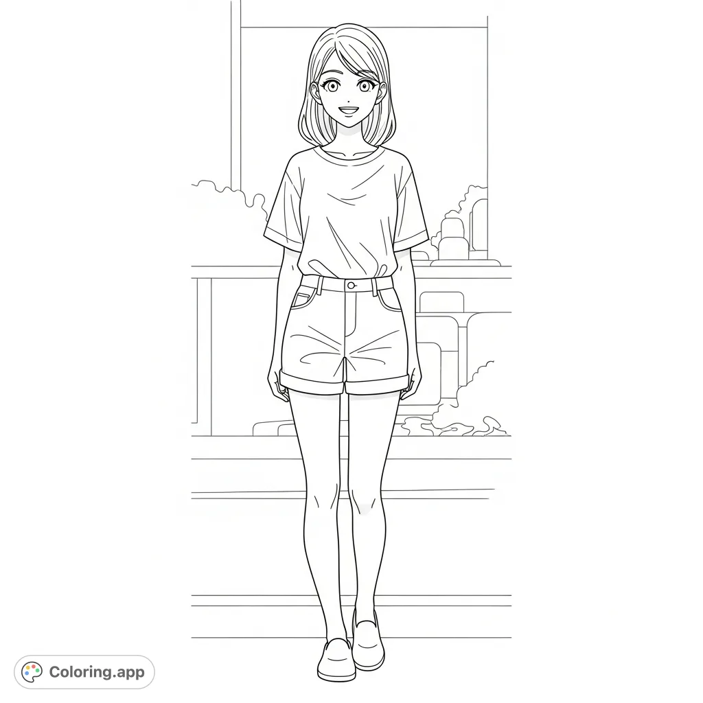 A cheerful anime girl in a t-shirt and shorts, perfect for a relaxing coloring session. Express your creativity with this casual character.