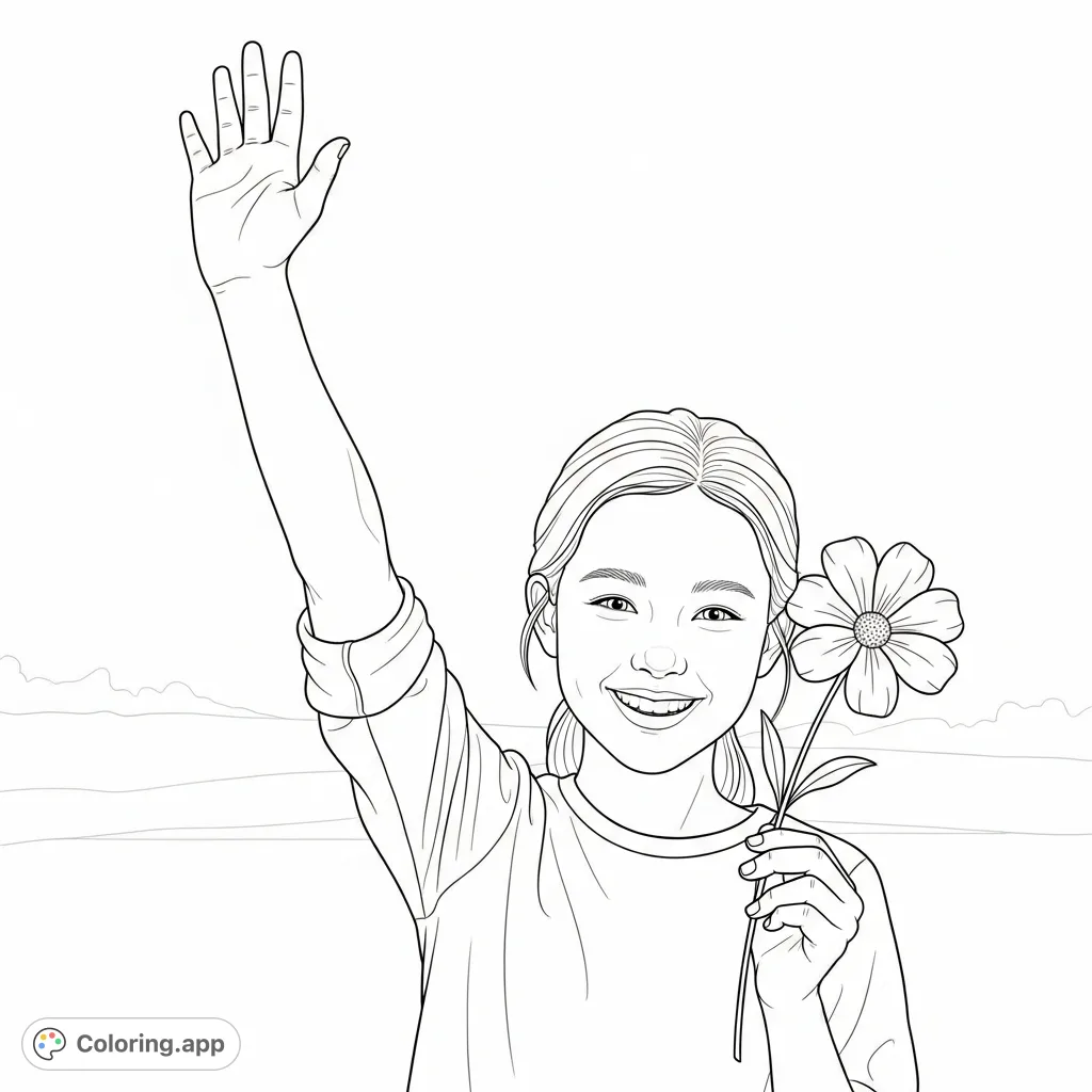A friendly normal girl smiles and waves, holding a delicate flower. This inviting scene is perfect as a free printable coloring page for kids to enjoy.
