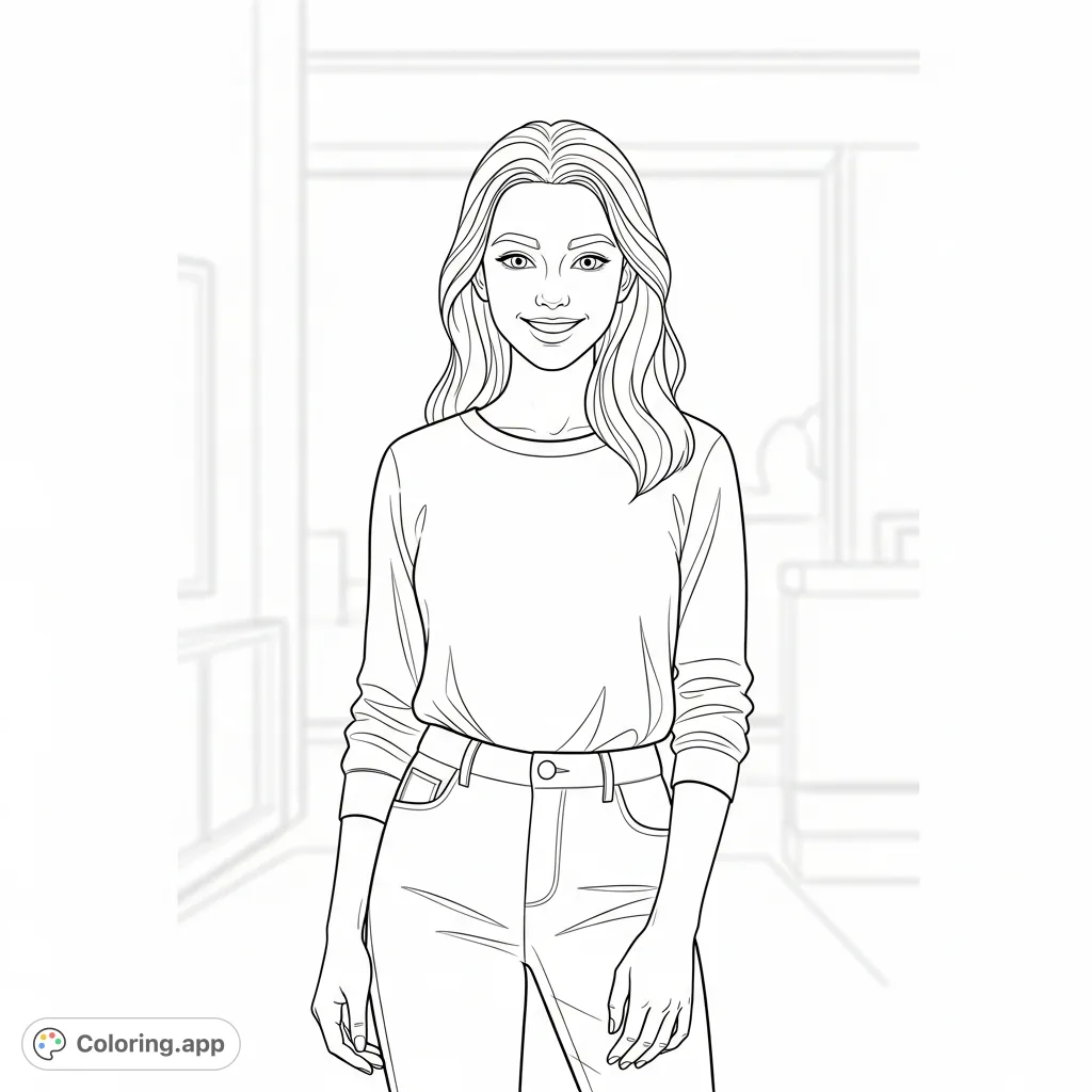 A charming smiling teenage girl stands, offering a delightful portrait for coloring. Perfect for those who enjoy people-focused designs.