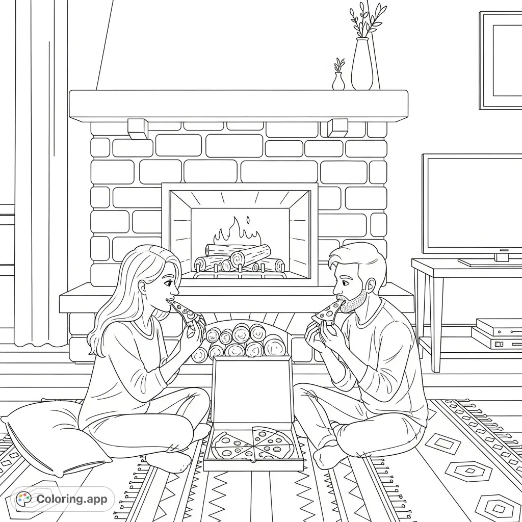 Enjoy a comforting scene of a couple sharing pizza by a fireplace and TV. A delightful cozy coloring page, perfect for relaxation and creativity.