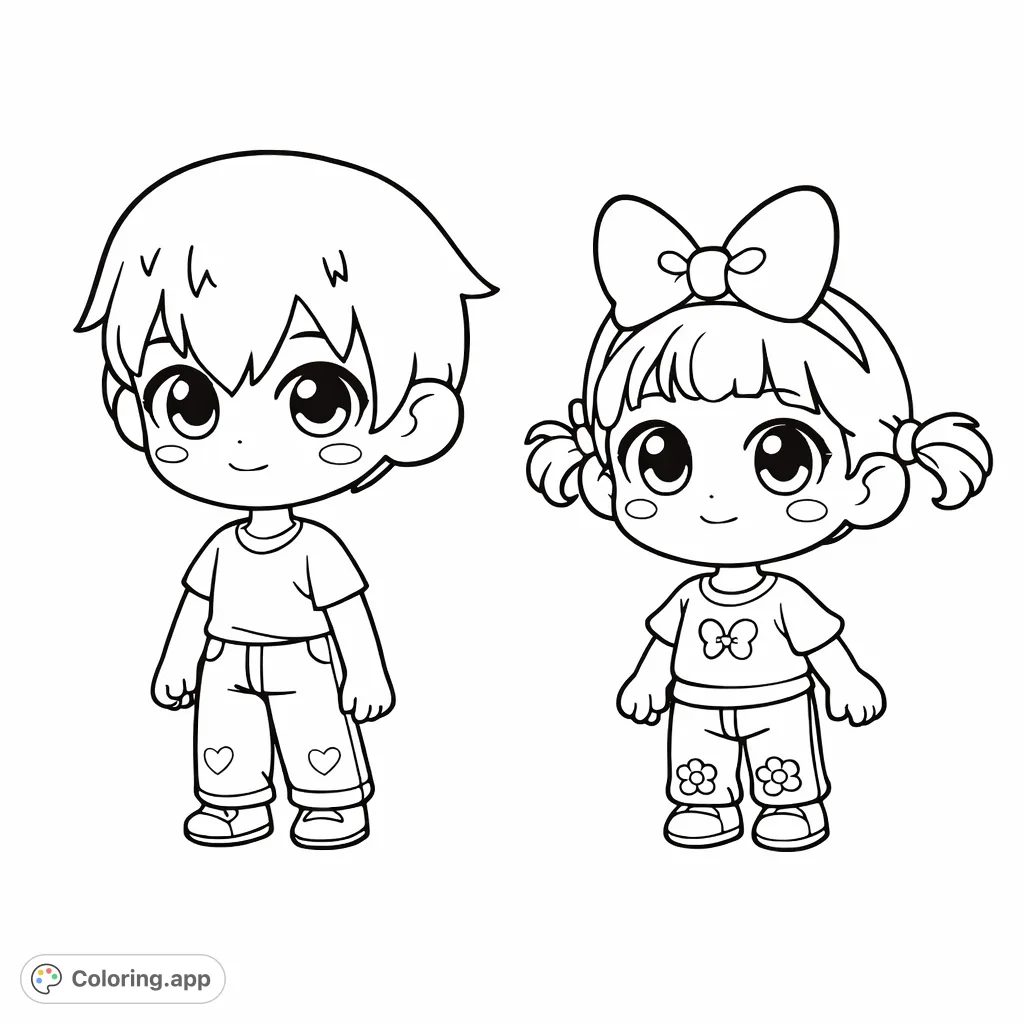 Meet these adorable cartoon characters! A charming boy and girl stand ready for a burst of your favorite hues, featuring playful outfits and sweet expressions.
