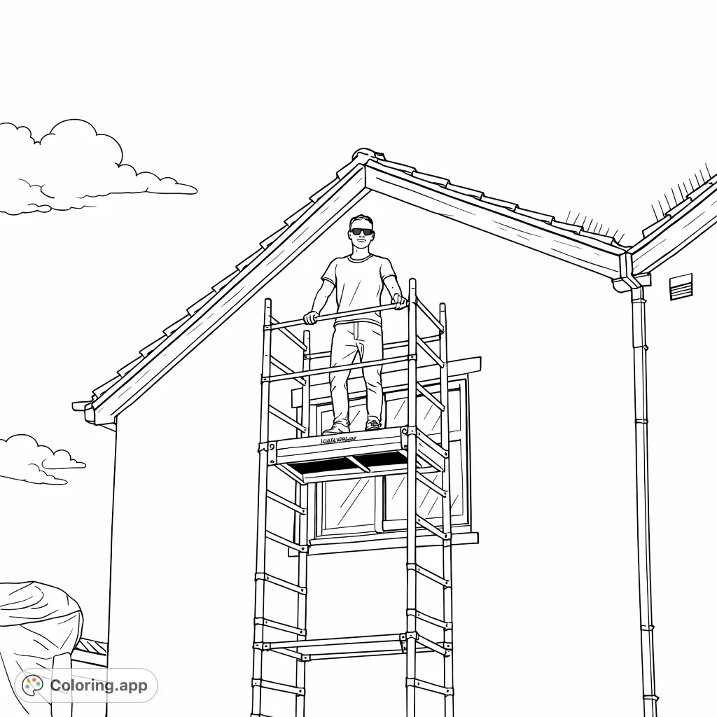 A detailed construction coloring page featuring a worker on a multi-tiered scaffolding structure against a house, perfect for architectural and job-themed fun.