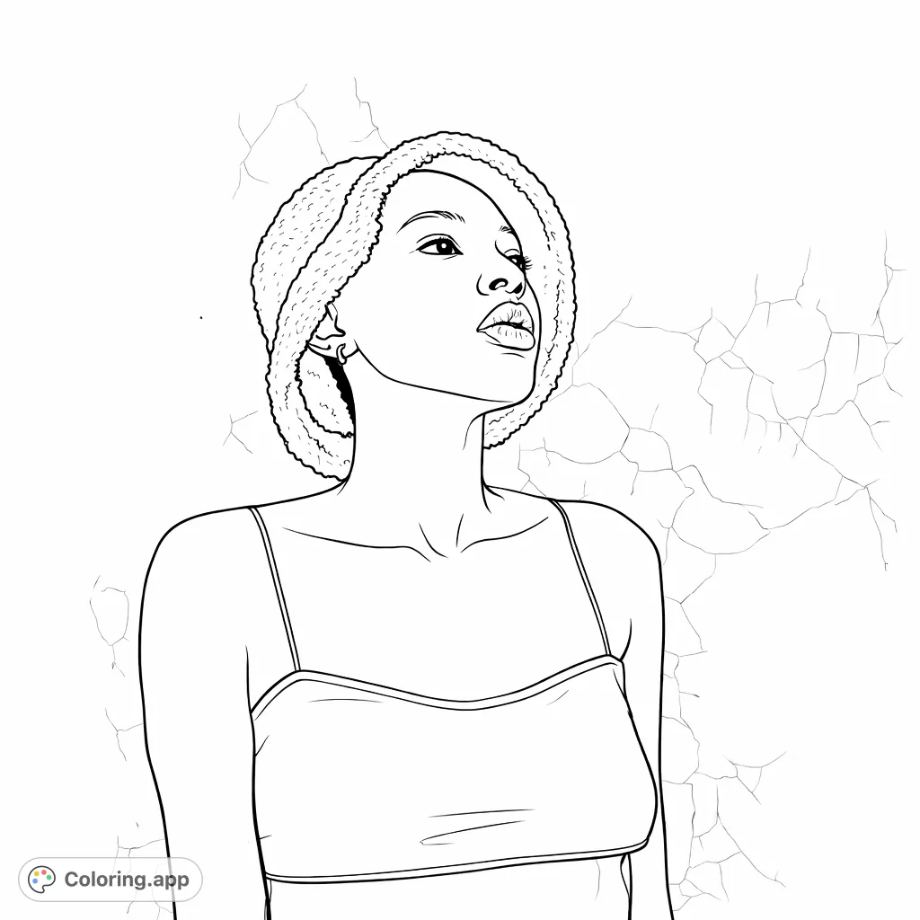 A serene portrait of a person wearing a fluffy bucket hat, looking upwards with a contemplative expression, against a subtly textured wall background. A thoughtful and engaging coloring experience.