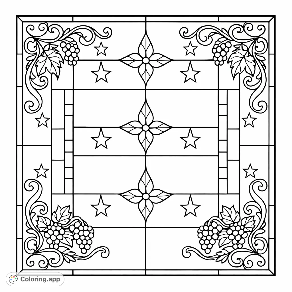 An elegant stained glass window pattern coloring page featuring three intricate floral-geometric motifs, perfect for a relaxing and decorative coloring experience.