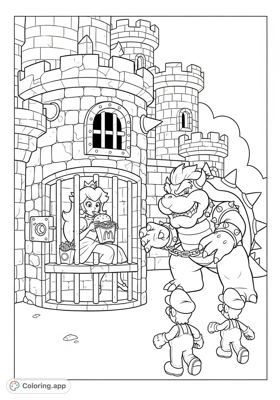 Join Mario and Luigi on a thrilling rescue mission to Bowser's formidable castle, where Princess Peach enjoys a surprising meal in her jail cell. A fun adventure!