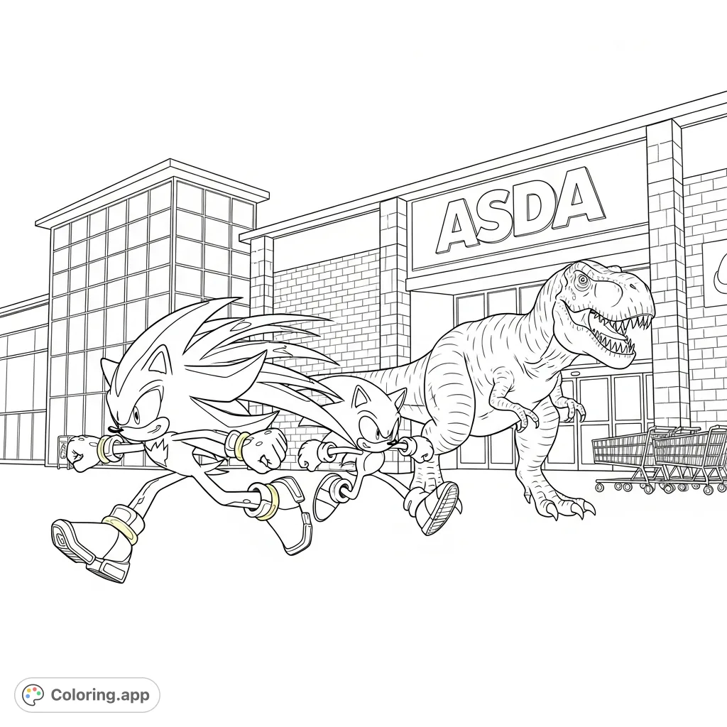 Join Shadow, Sonic, and a T-Rex in an epic race around Asda! Featuring Shadow with Rapunzel-like quills, this page offers detailed fun for all.