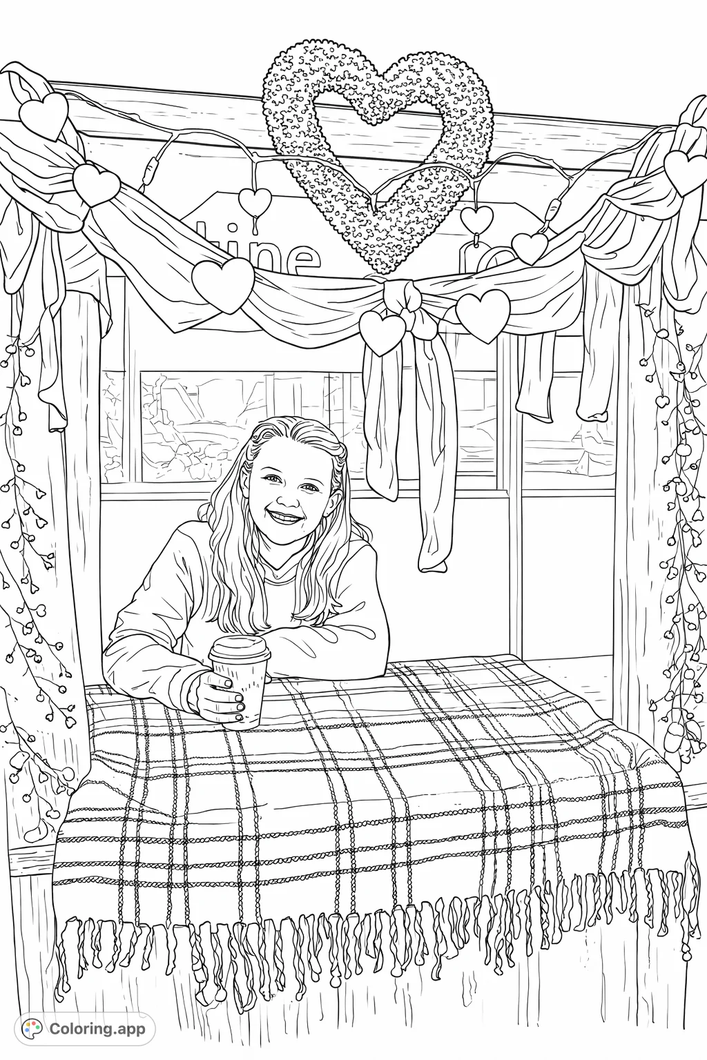 A smiling girl at a cozy, heart-decorated stand, holding a warm cup. Features a plaid blanket, festive adornments, and intricate details.