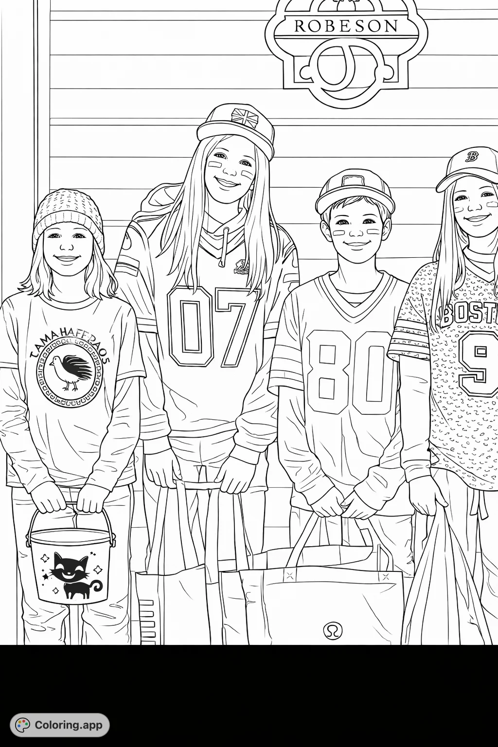 Four smiling friends pose in athletic jerseys and caps, ready for an exciting day. A fun group scene with distinct outfits for creative coloring.