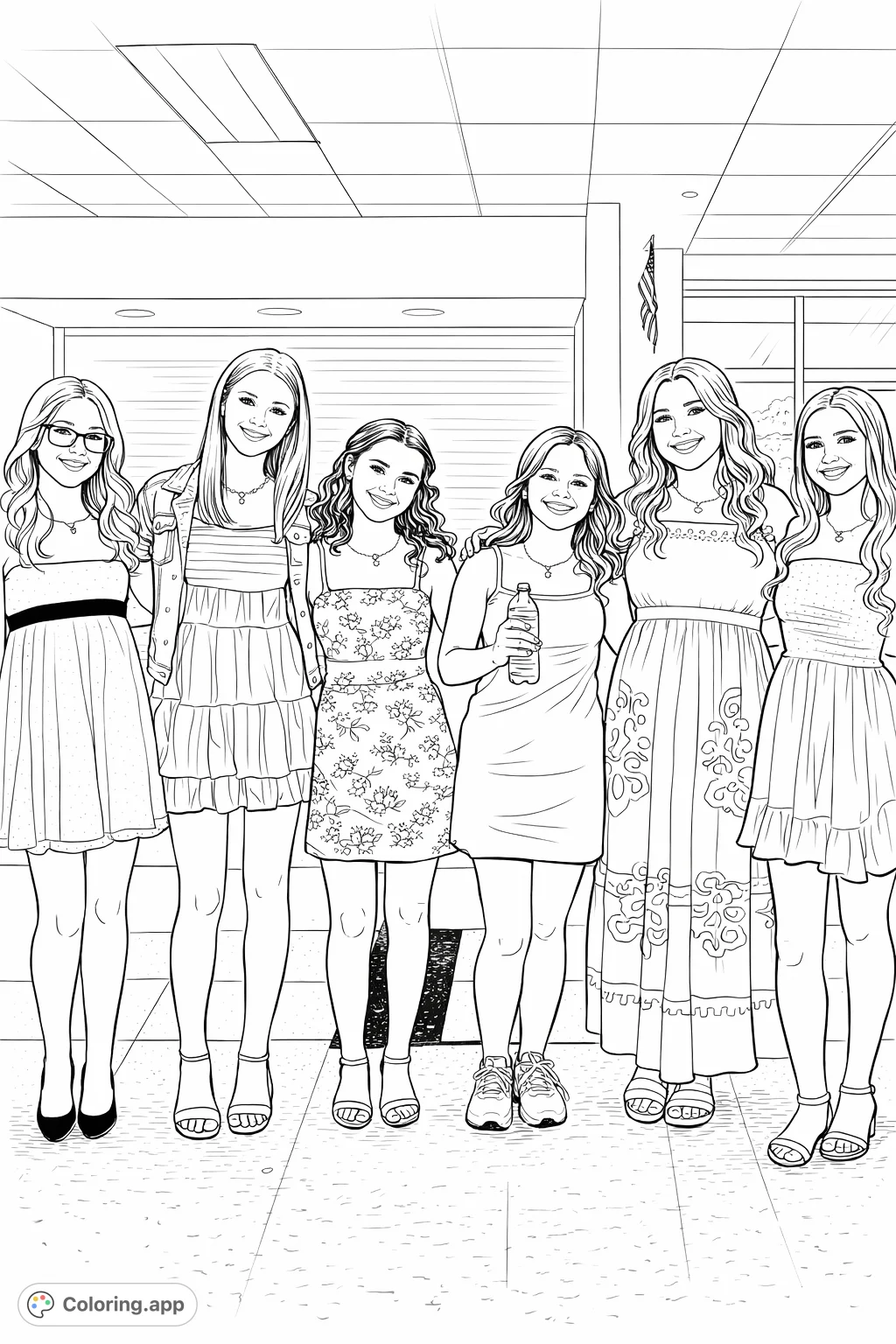 A delightful scene of six young women in various fashionable outfits, ready for a special occasion. Perfect for adding your own personal flair.