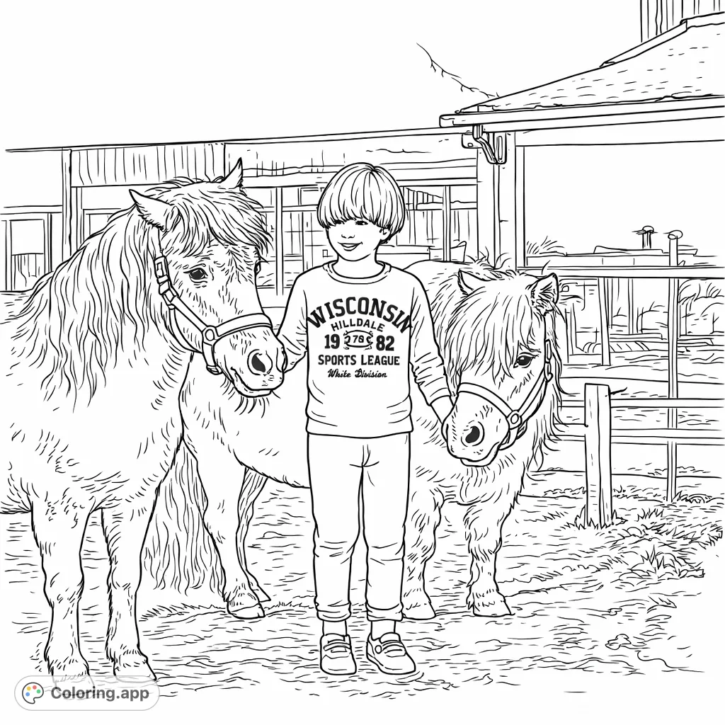 A heartwarming pony coloring page featuring a child smiling between two charming ponies on a farm, perfect for animal lovers.