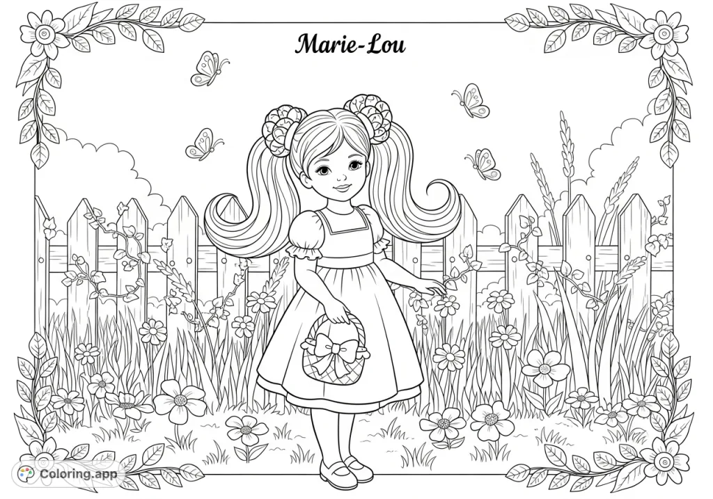 Meet Marie-Lou in her charming garden! This free printable coloring page features a cheerful girl, blooming flowers, and playful butterflies, perfect for relaxation.
