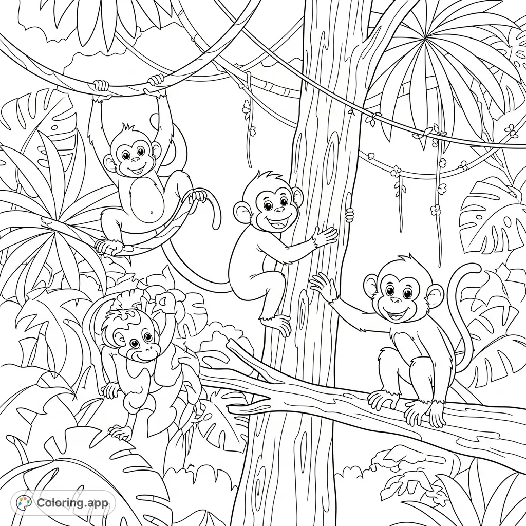 A lively jungle animal coloring page featuring a group of adorable monkeys playing, swinging, and climbing amongst lush tropical foliage and vines. Fun for all ages!