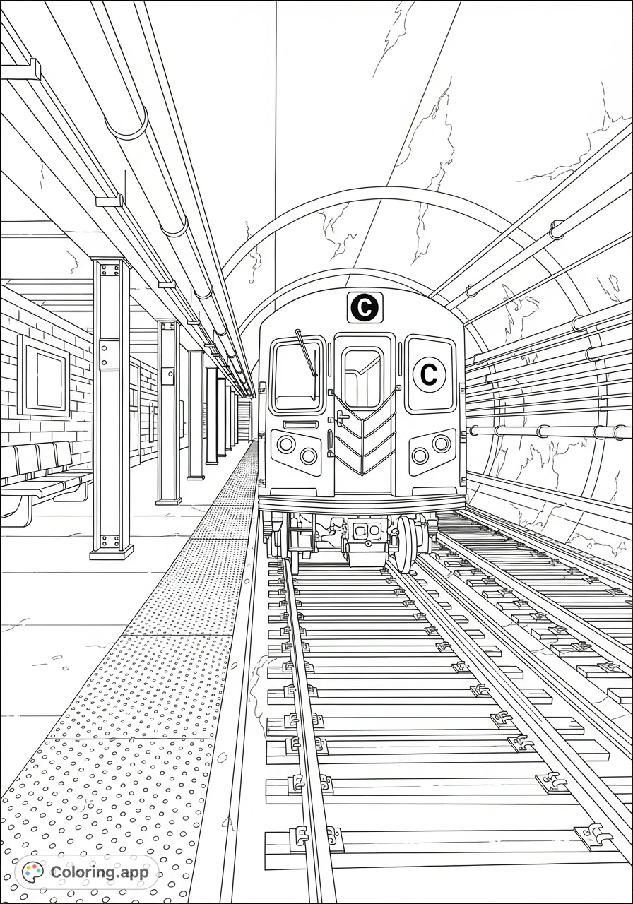 Capture the iconic New York City Subway R179 C train at a bustling platform, complete with its distinctive bullet logo and detailed urban setting.