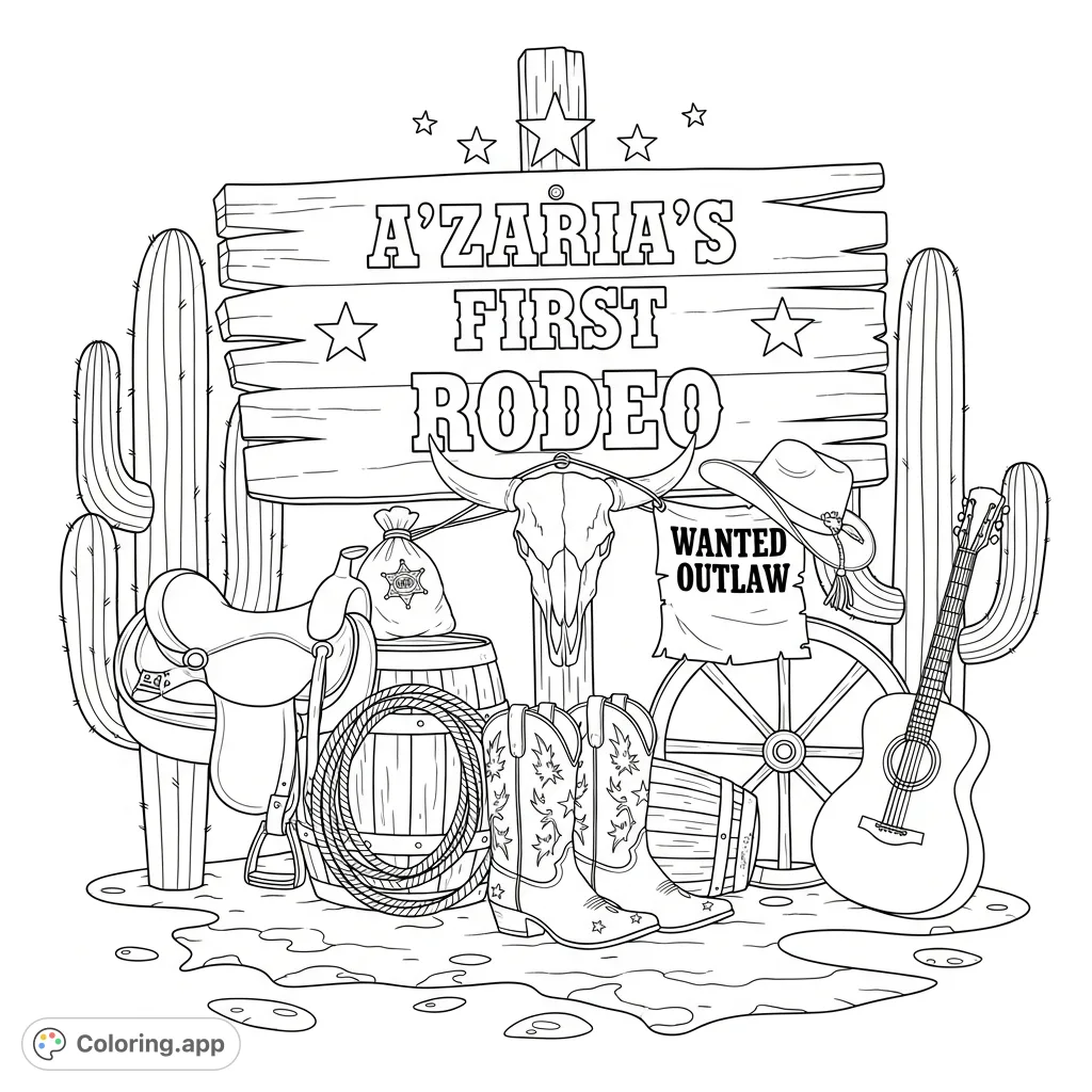 Step into a charming Western scene! A'Zaria's First Rodeo sign, cowboy boots, lasso, cacti, and outlaw poster invite creative coloring. Fun for all ages.