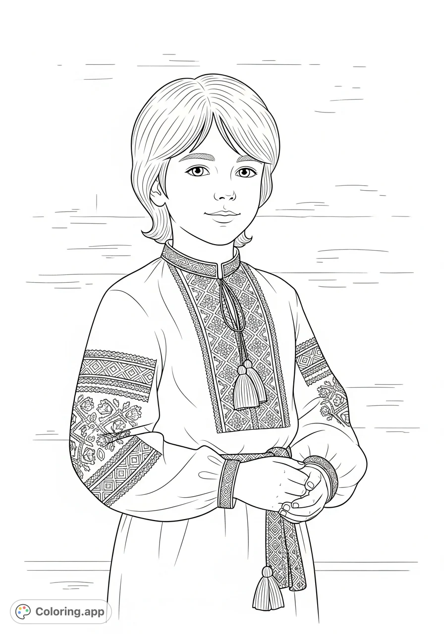 Discover a touching free printable Ukrainian boy coloring page, featuring a child in a traditional vyshyvanka, ready for your creative touch. Perfect for cultural exploration!