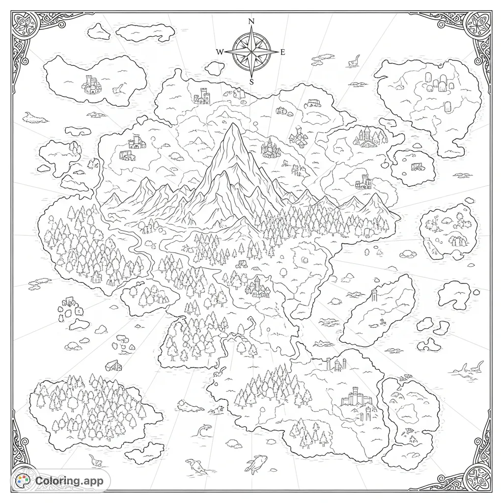 Explore a richly detailed fantasy world map with mountains, forests, rivers, and ancient ruins. Perfect for adventurers to color and personalize their own realm.