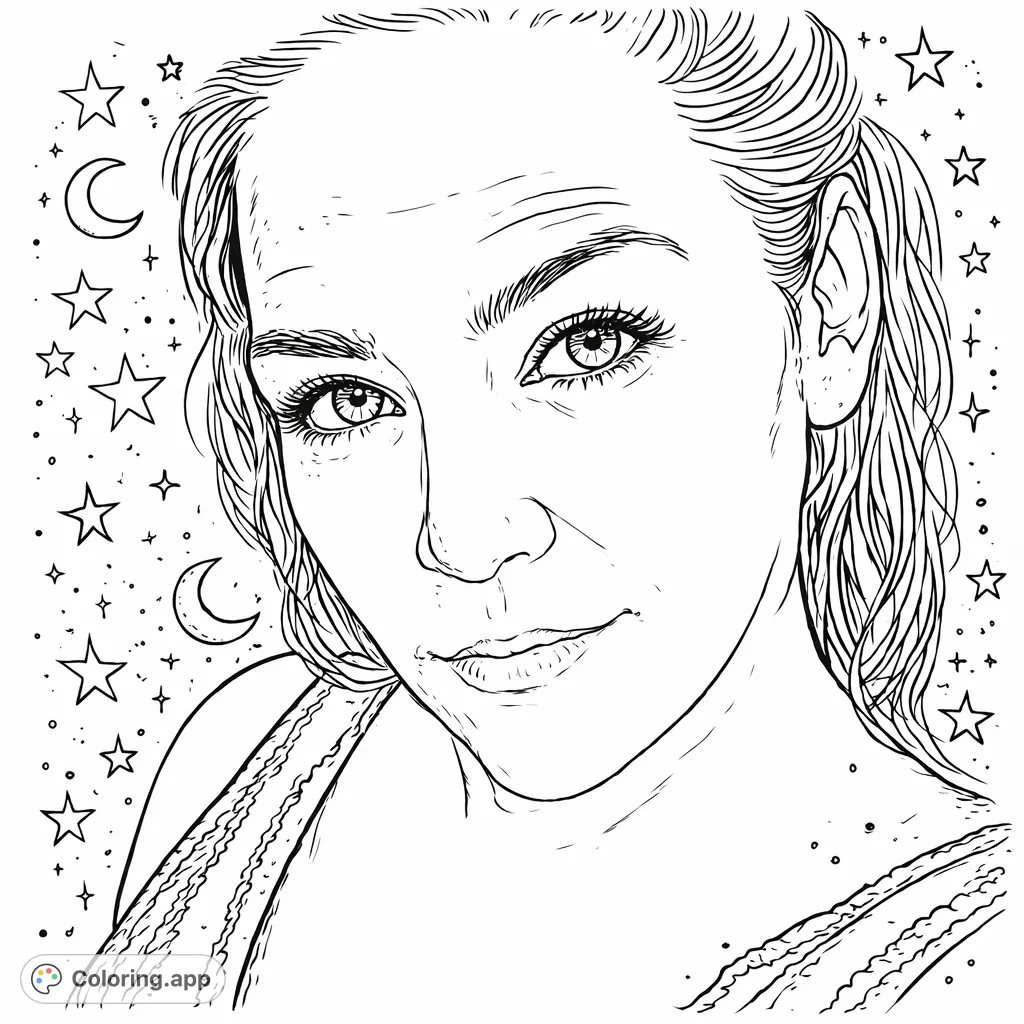 A detailed hand-drawn sketch of a woman's portrait, enhanced with celestial elements and stars. Perfect for adult colorists seeking intricate designs.