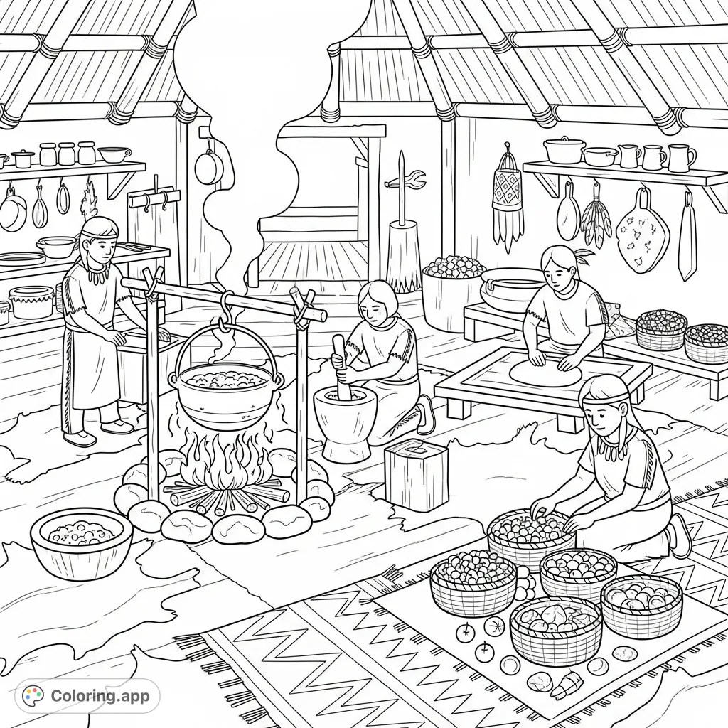 Native American Longhouse Feast - Coloring.app