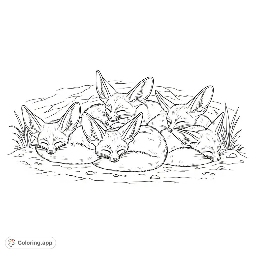An adorable litter of fennec fox pups peacefully sleeping together, showcasing their characteristic large ears and soft forms. A charming free printable fennec fox coloring page.