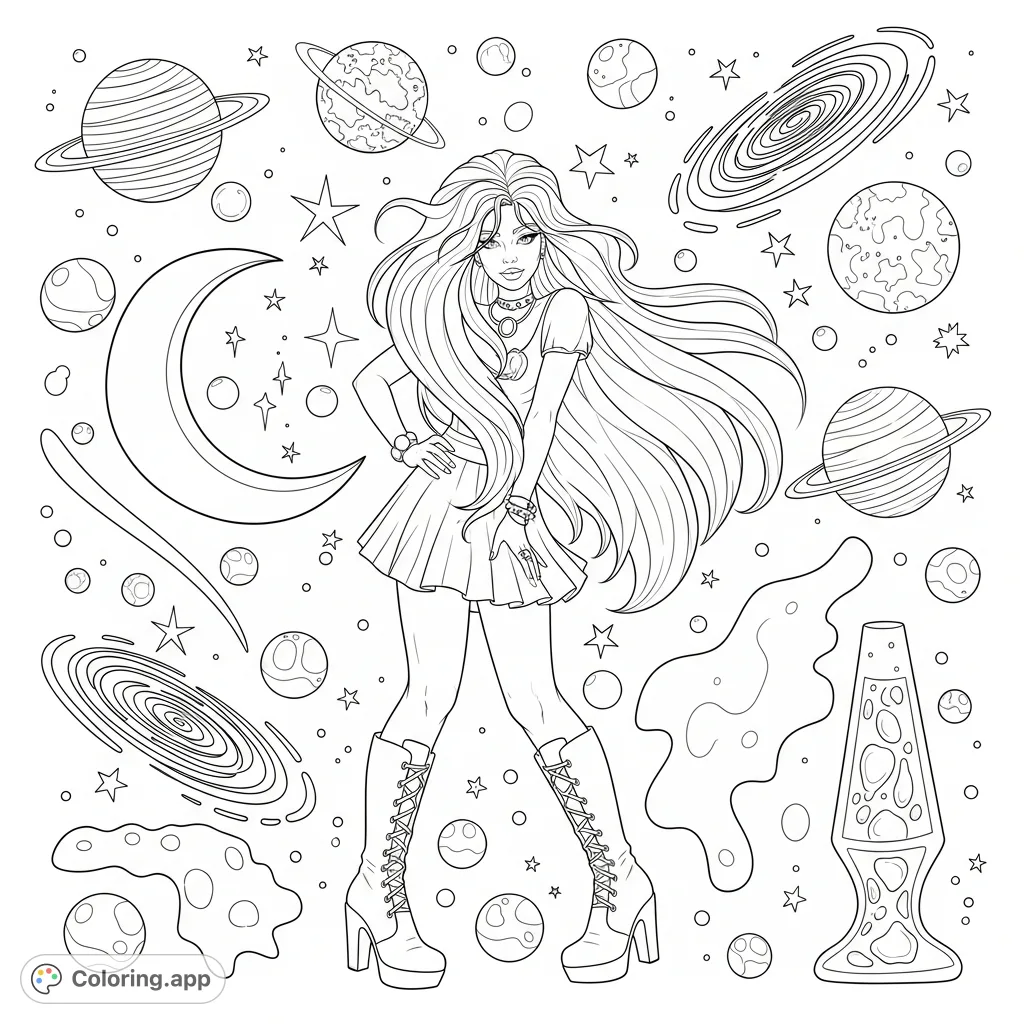 A vibrant retro psychedelic cosmic dancer with flowing hair and a confident pose, surrounded by groovy space elements like planets, stars, and lava-lamp shapes.