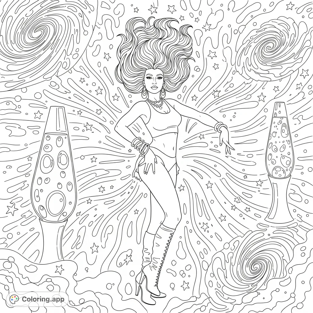 Unleash your creativity with this retro psychedelic dancer coloring page, featuring a graceful figure amidst swirling galaxies and groovy cosmic elements.