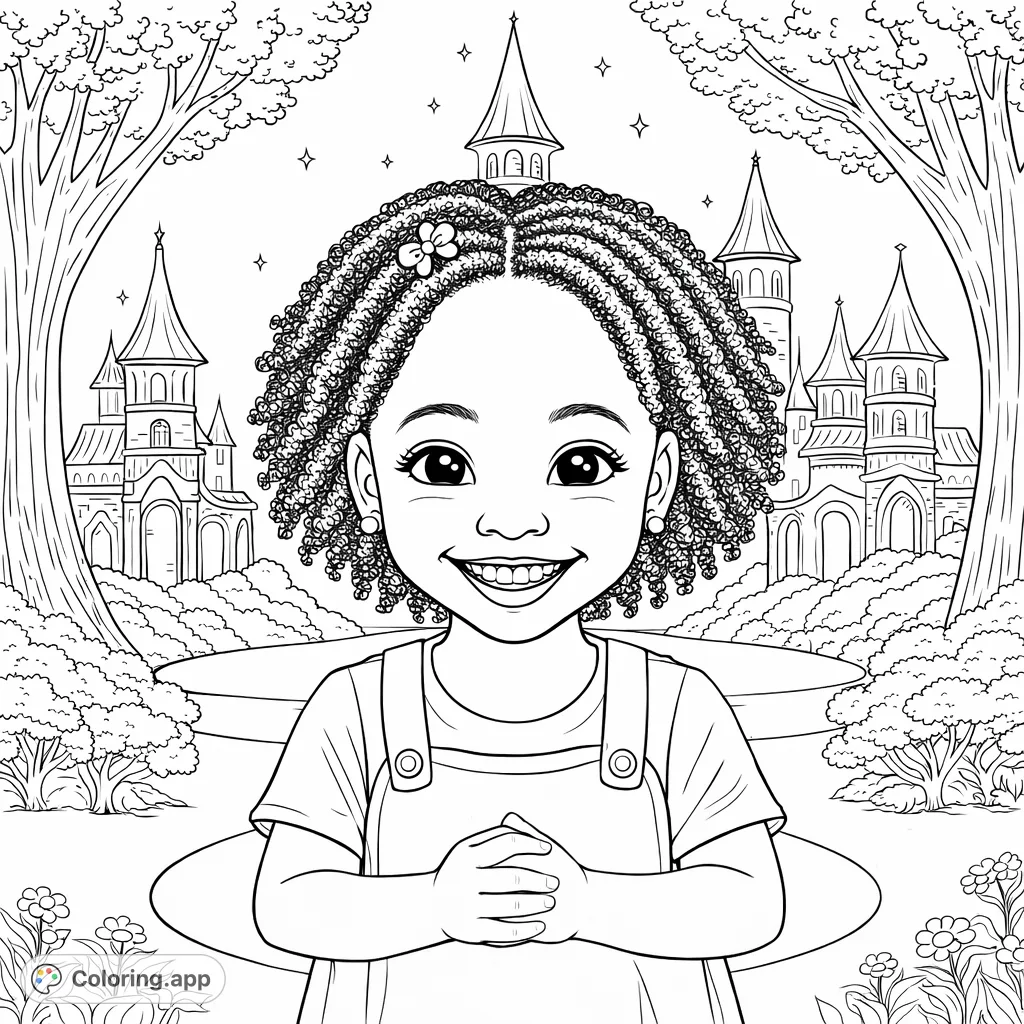 A delightful coloring page featuring a smiling young girl in a magical castle garden, surrounded by enchanting architecture, blossoming trees, and whimsical paths. Perfect for imaginative fun.