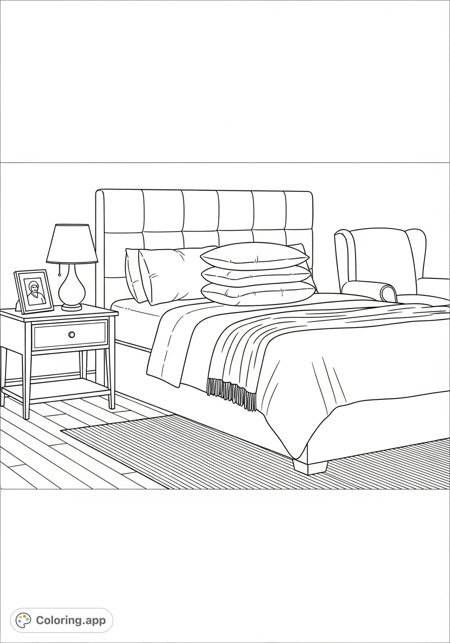 A tranquil bedroom scene with a comfortable bed, nightstand, lamp, and armchair, perfect for imaginative coloring and relaxation. Free printable coloring page.