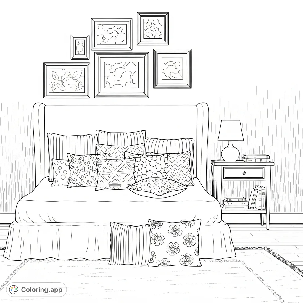 Explore a charming eclectic bedroom with a cozy bed, a mix of decorative pillows, a chic nightstand, and captivating wall art. A delightful interior design coloring page.