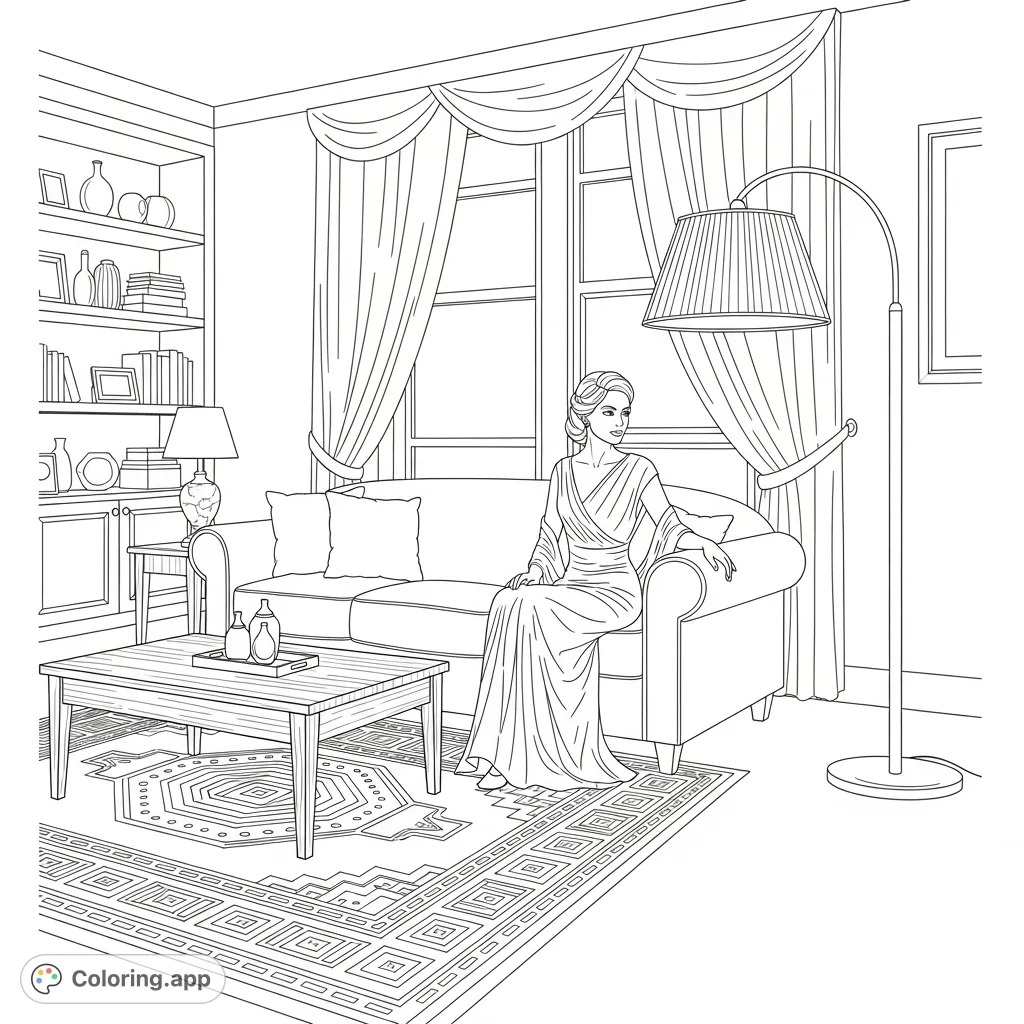 An elegant woman rests on a plush sofa in a well-appointed living room, surrounded by tasteful furnishings and decorative elements. A captivating living room coloring page.
