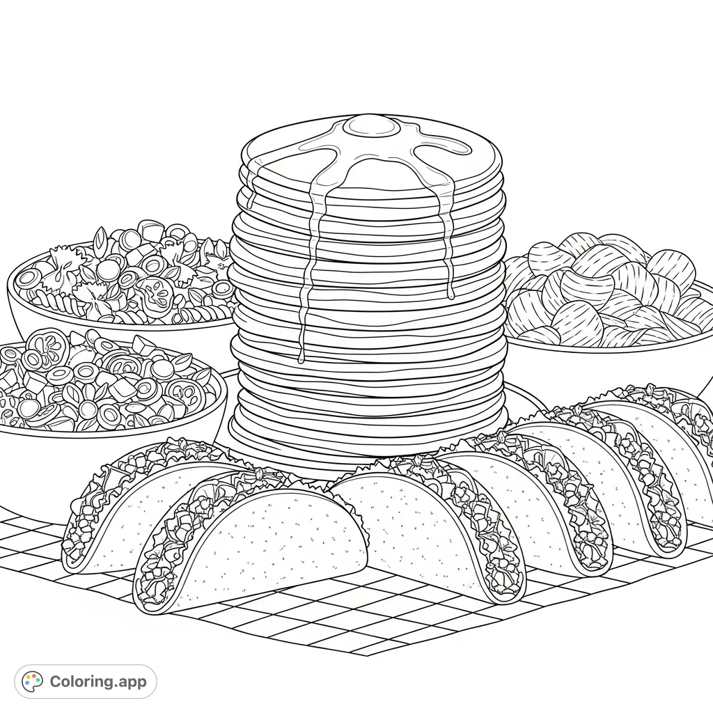 A delightful food coloring page featuring fluffy pancakes, savory pasta salad, crispy chips, and flavorful tacos, perfect for food enthusiasts of all ages.