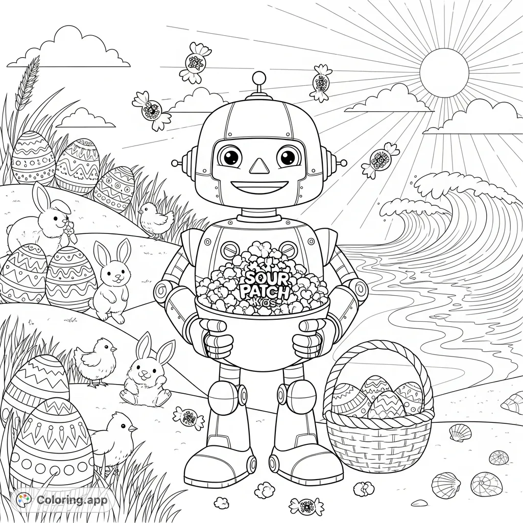 Unite spring and summer with this unique Ecatron coloring page, featuring Sour Patch Kids popcorn, Easter eggs, and sunny beach vibes!