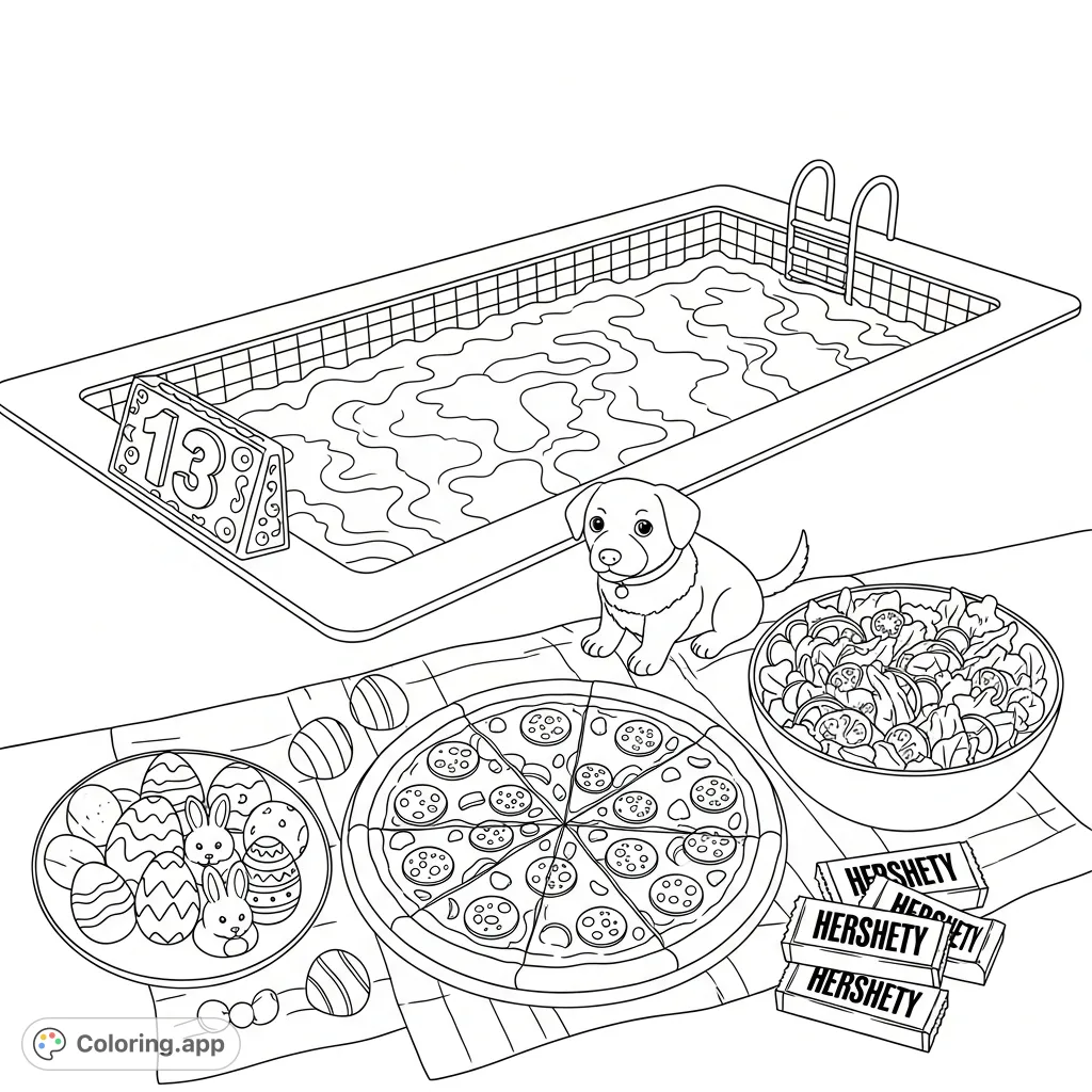 A delightful poolside scene with a small dog, pepperoni pizza, fresh salad, Easter candies, Hershey bars, and the number 13, perfect for a fun summer coloring page.