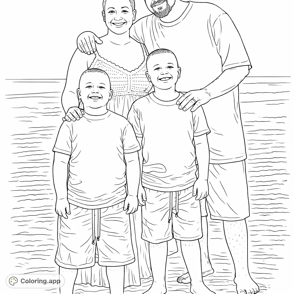 Capture a heartwarming moment with this family beach coloring page, featuring two smiling parents and their two cheerful children. Perfect for a relaxing creative escape.