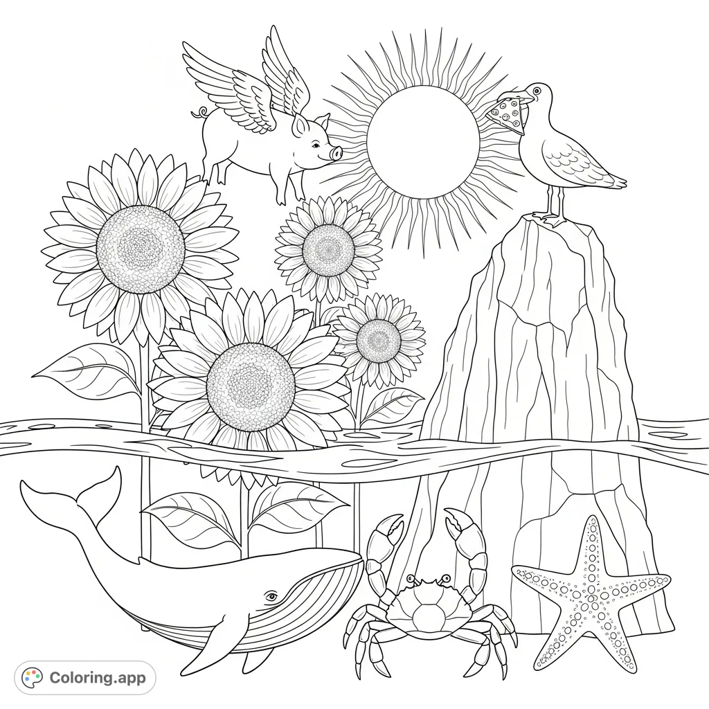Dive into a fantastical ocean scene with sunflowers, a flying pig, and a pizza-eating seagull. A truly unique and fun free printable coloring page!