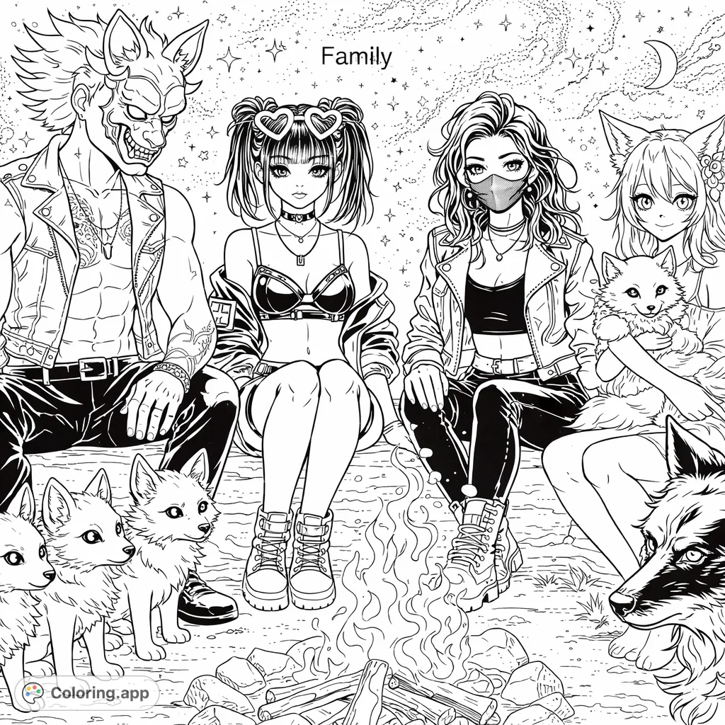 An anime-style group with wolf companions gathers around a campfire under a galaxy sky. Features characters with unique styles and mystical creatures.