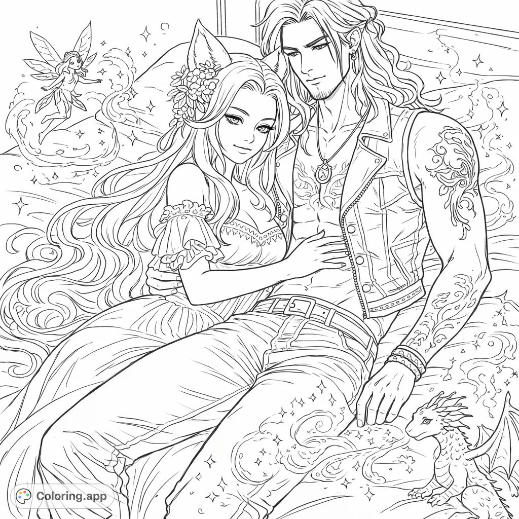Color a mystical fantasy couple in a tender embrace. Features fox ears, flowing hair, and unique patterns for a magical escape.