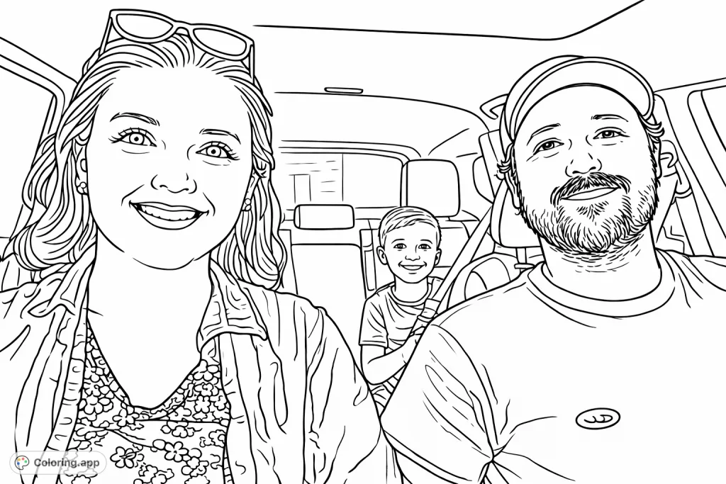 Capture a joyous family moment on a road trip with this delightful coloring page featuring parents and their child smiling from inside a car.