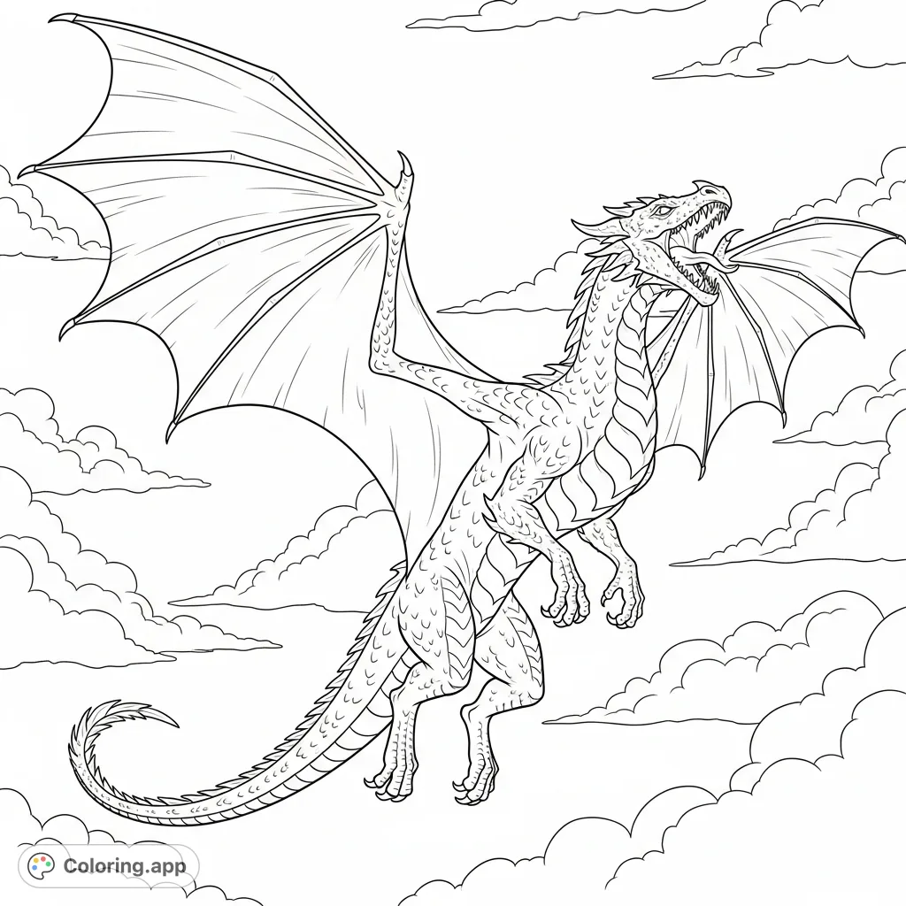 A majestic fantasy dragon soars through the sky, mid-roar, with intricate scales and widespread wings amidst dynamic clouds. A captivating free printable coloring page.
