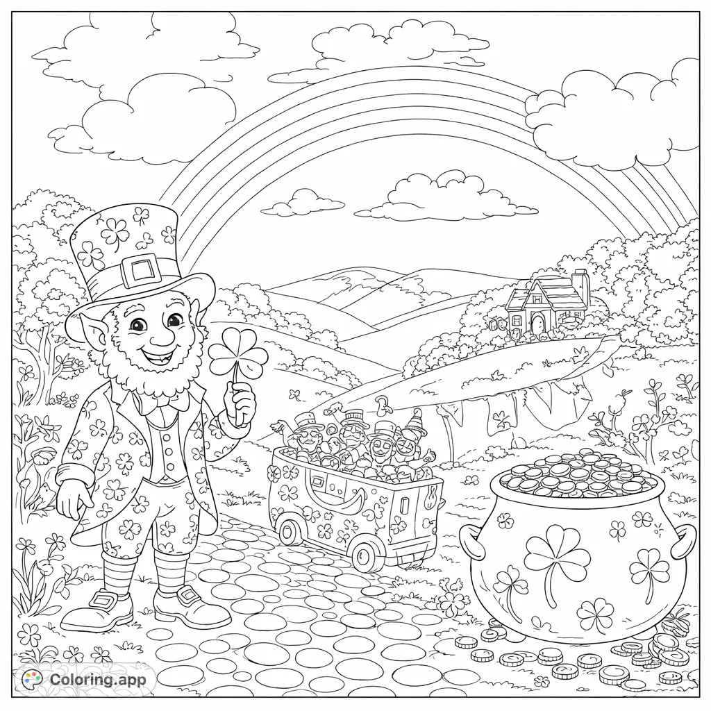 Join a cheerful leprechaun, a festive parade, and a pot of gold under a grand rainbow in this fun St. Patrick's Day coloring page! Perfect for all ages.