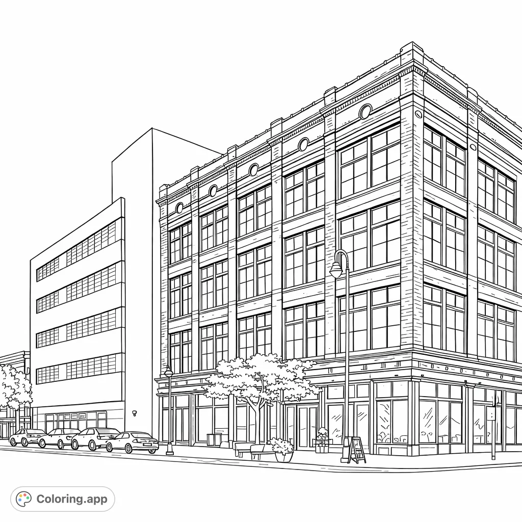 Explore an intricate cityscape with detailed buildings, street elements, and geometric patterns. A challenging yet rewarding architectural coloring page for enthusiasts.