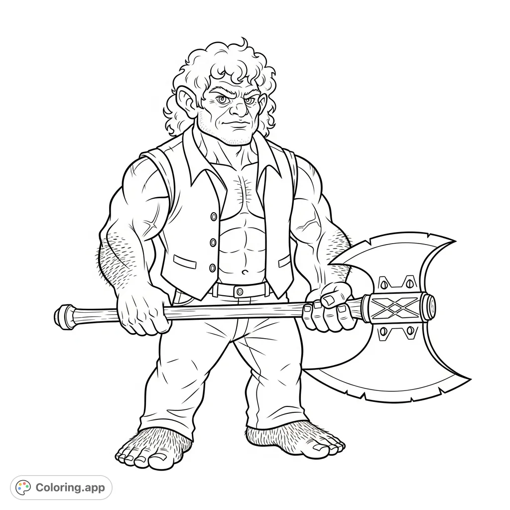 Discover a mighty halfling warrior, muscular and hairy-footed, standing with a great axe. An engaging fantasy coloring page for all adventurers.