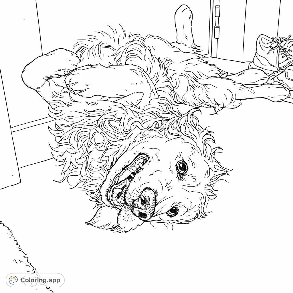 A delightful happy dog coloring page, lying on its back with a big smile, ready for a tummy rub. Fun for kids, adults, and dog lovers!