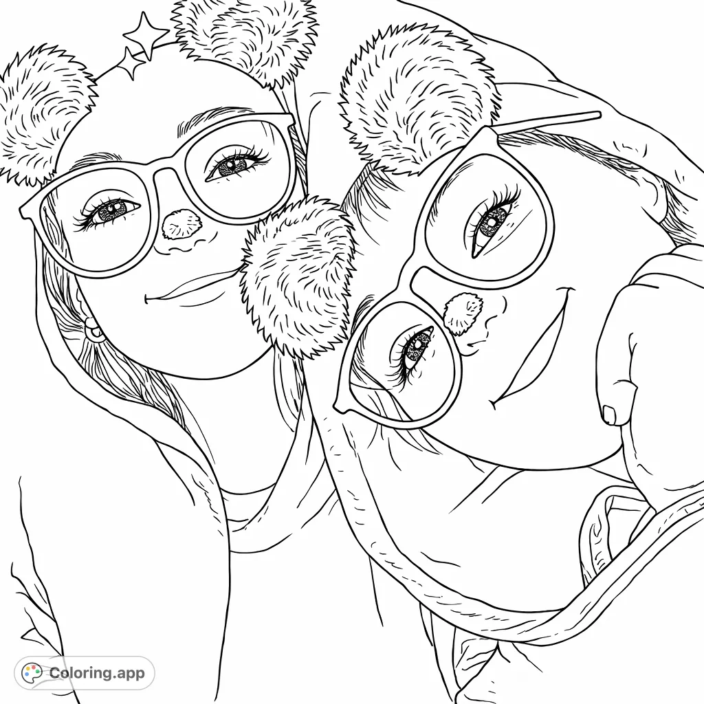 A delightful coloring page featuring two friends with playful animal ear filters and stylish spectacles. Perfect for creative expression and shared coloring fun.