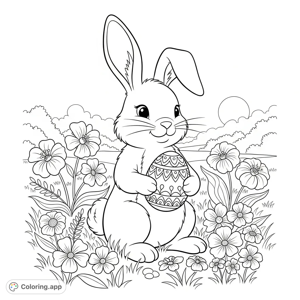 A joyful Easter bunny holds a beautifully decorated egg, surrounded by an array of blooming spring flowers. A delightful scene perfect for celebrating Easter.