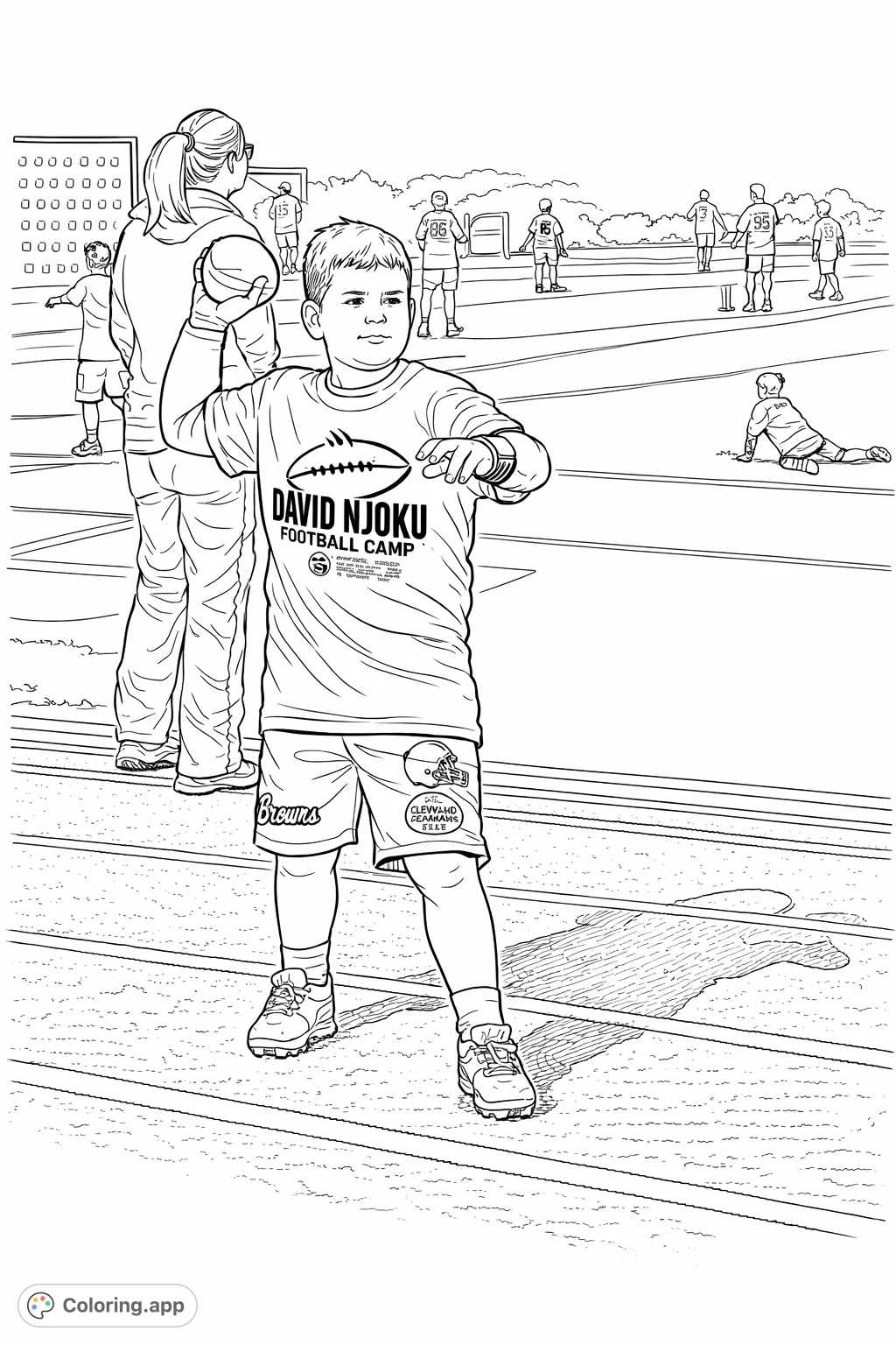 A dynamic youth sports practice scene featuring a boy in a throwing stance on a track, with fellow campers and coaches on a football field in the background.